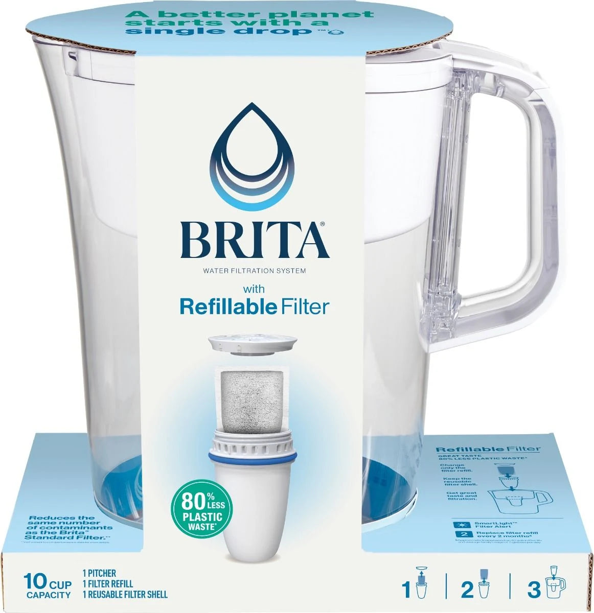 Brita® Refillable Water Filtration System with White Tahoe Water Pitcher and 1 Refillable Filter