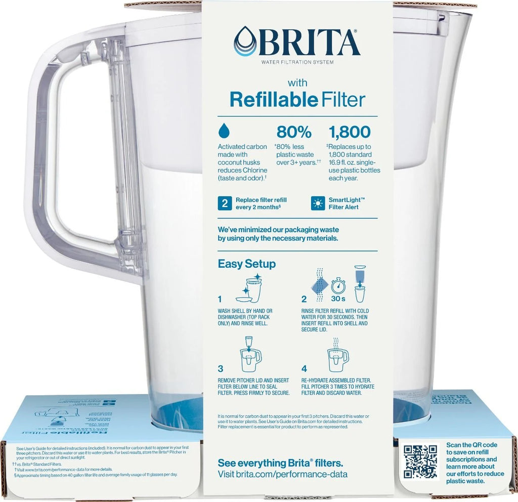 Brita® Refillable Water Filtration System with White Tahoe Water Pitcher and 1 Refillable Filter